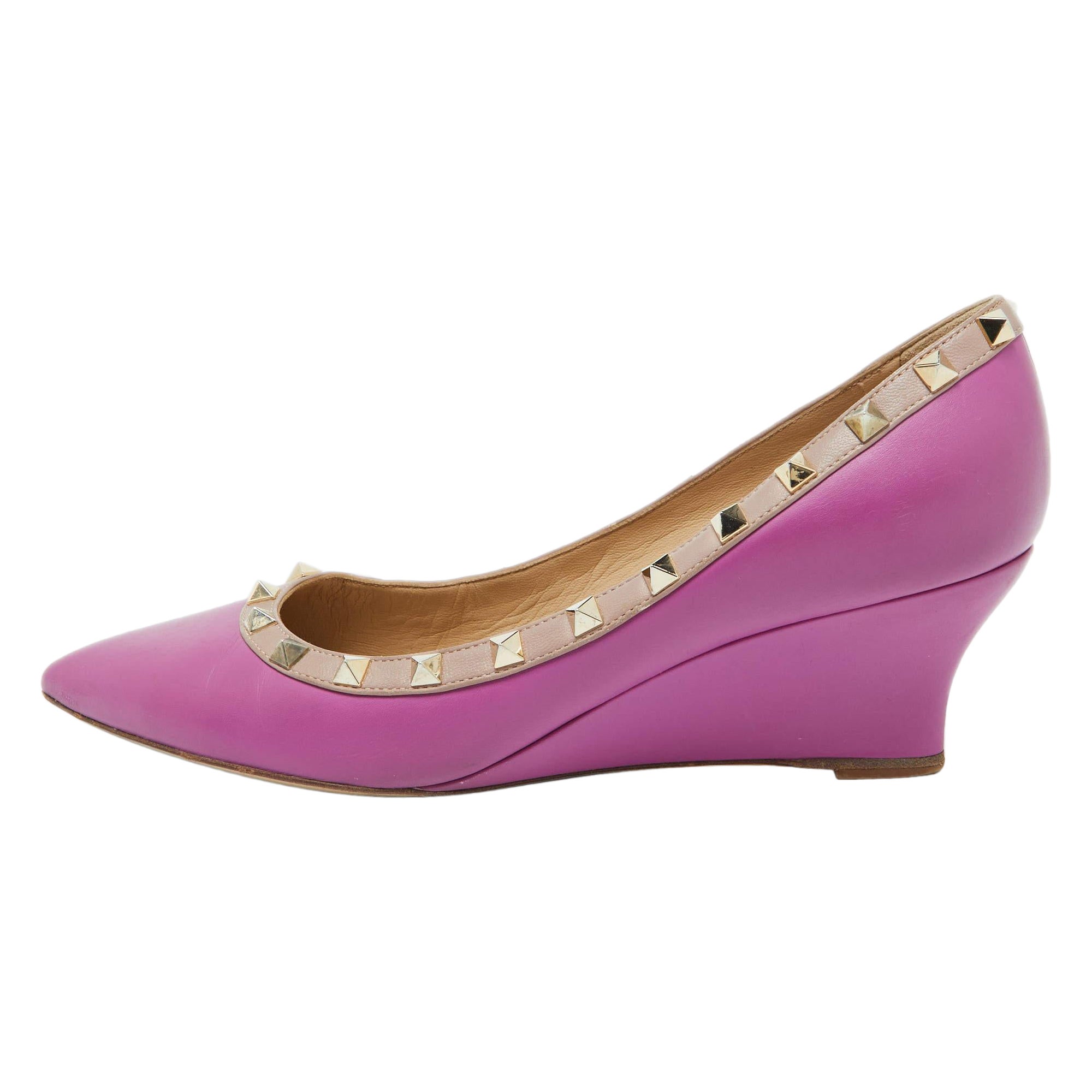 Valentino Pink Leather Rockstud Wedge Pumps Size 39.5