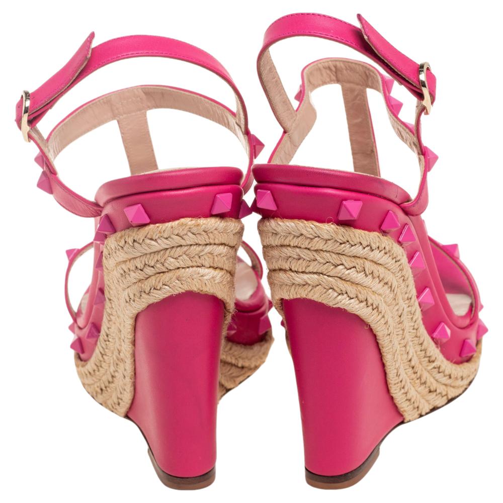 Women's Valentino Pink Leather Rockstud Wedge Sandals Size 39.5