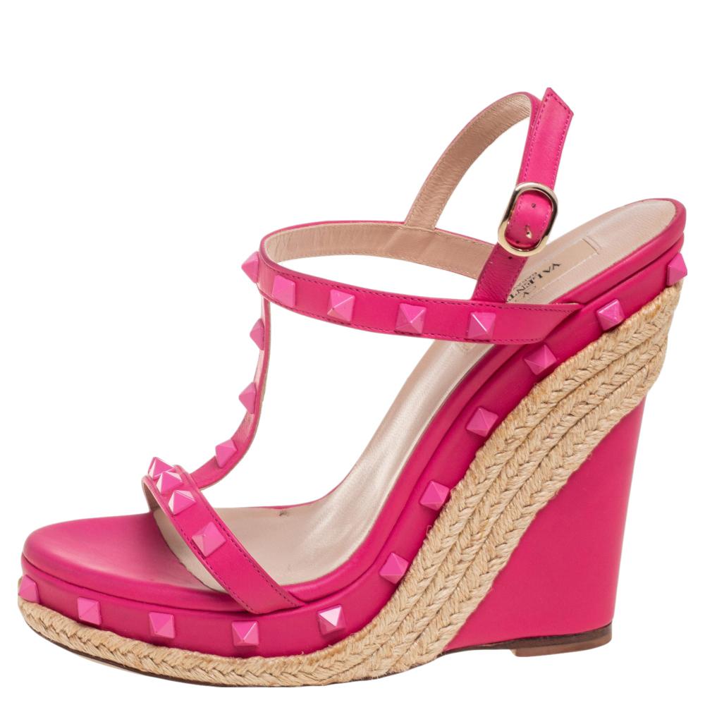 Valentino Pink Leather Rockstud Wedge Sandals Size 39.5 2