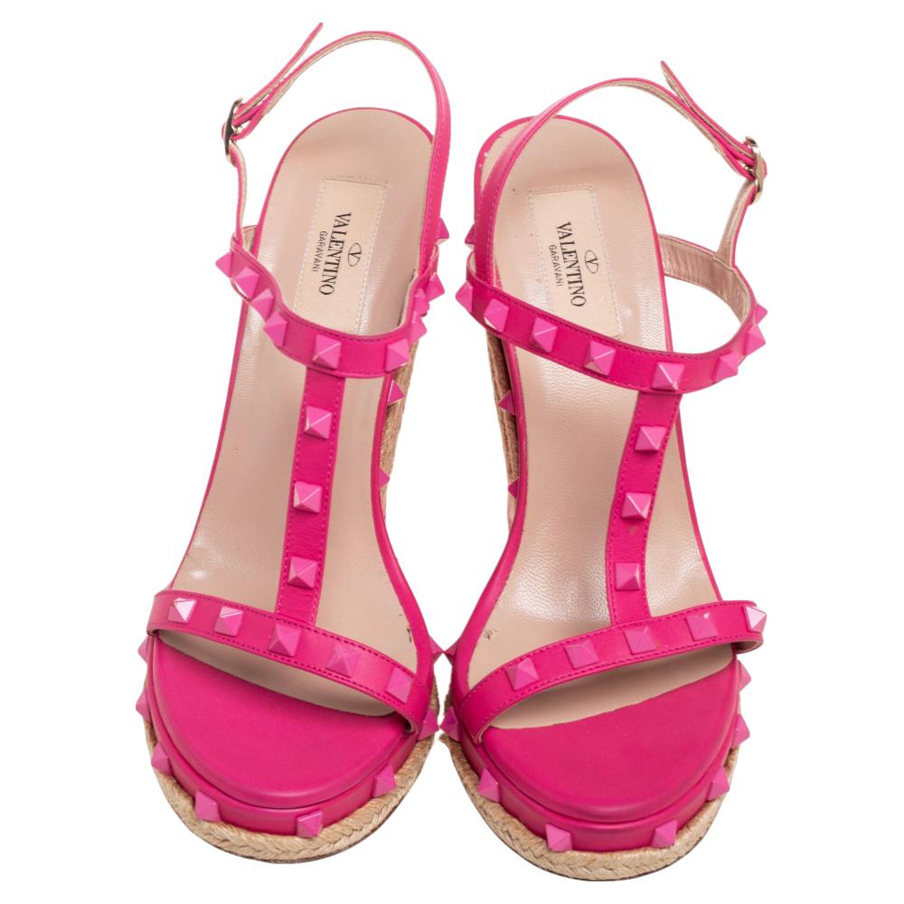Valentino Pink Leather Rockstud Wedge Sandals Size 39.5 3