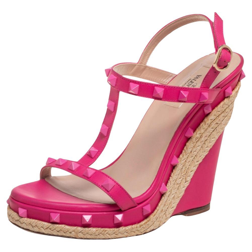 Valentino Pink Leather Rockstud Wedge Sandals Size 39.5