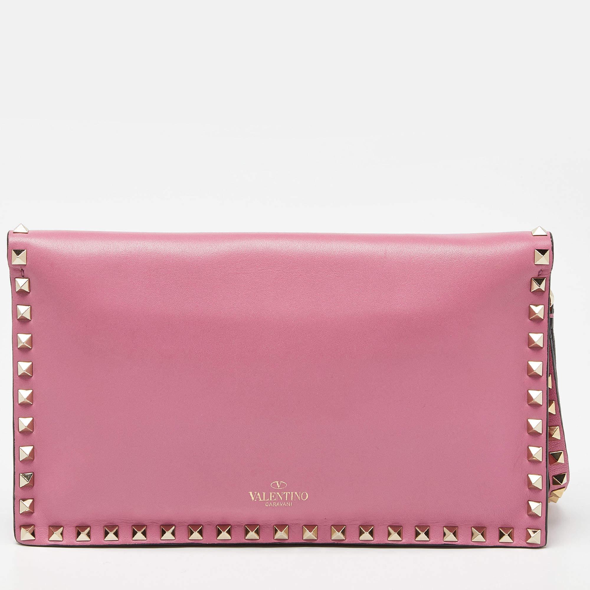 Women's Valentino Pink Leather Rockstud Wristlet Clutch