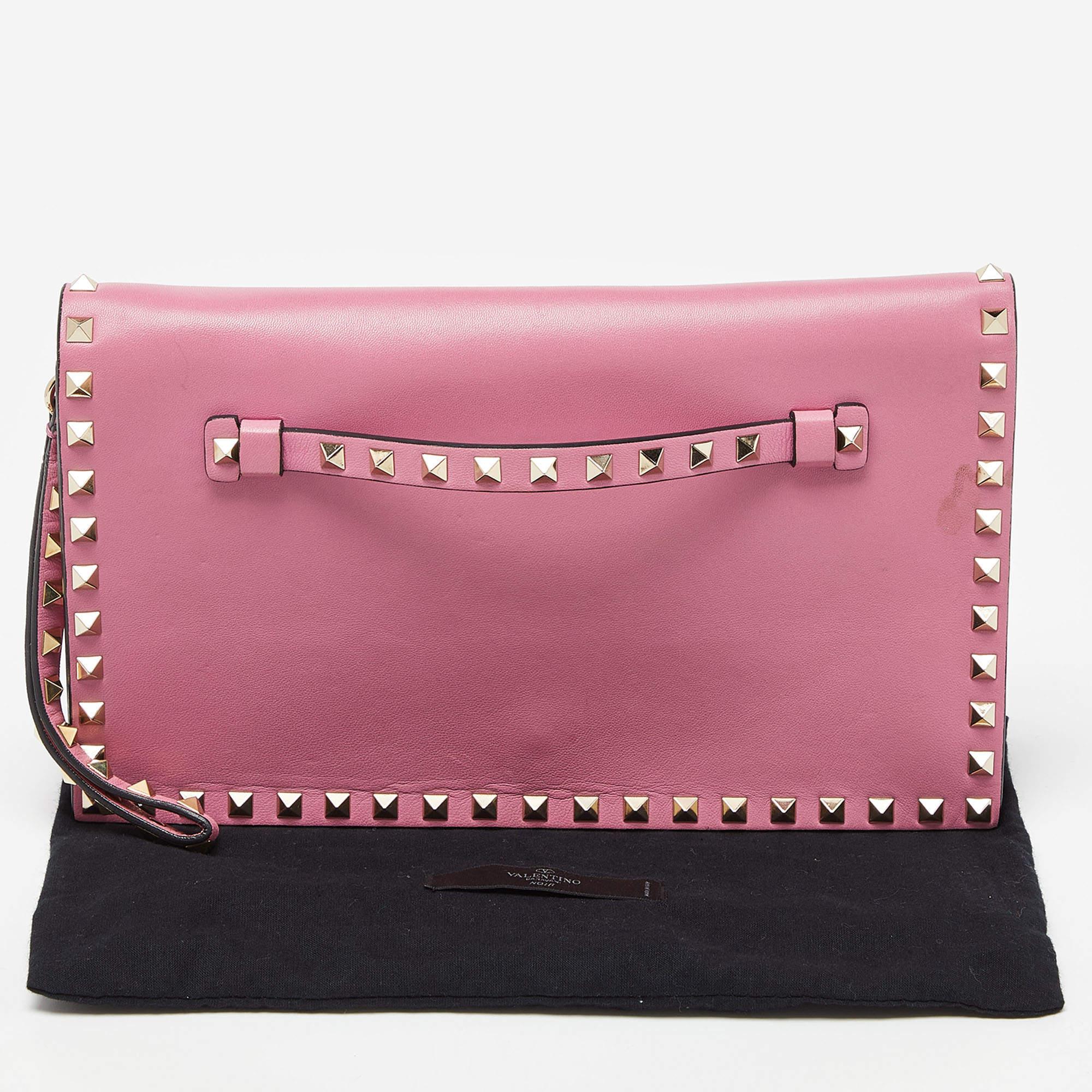 Valentino Pink Leather Rockstud Wristlet Clutch 2