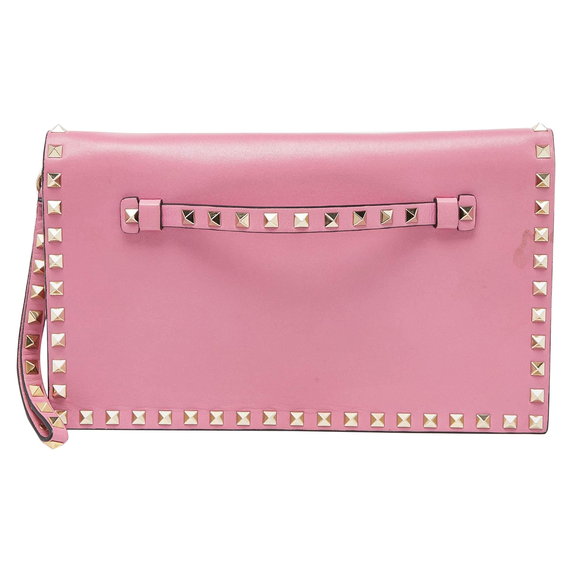Valentino Pink Leather Rockstud Wristlet Clutch