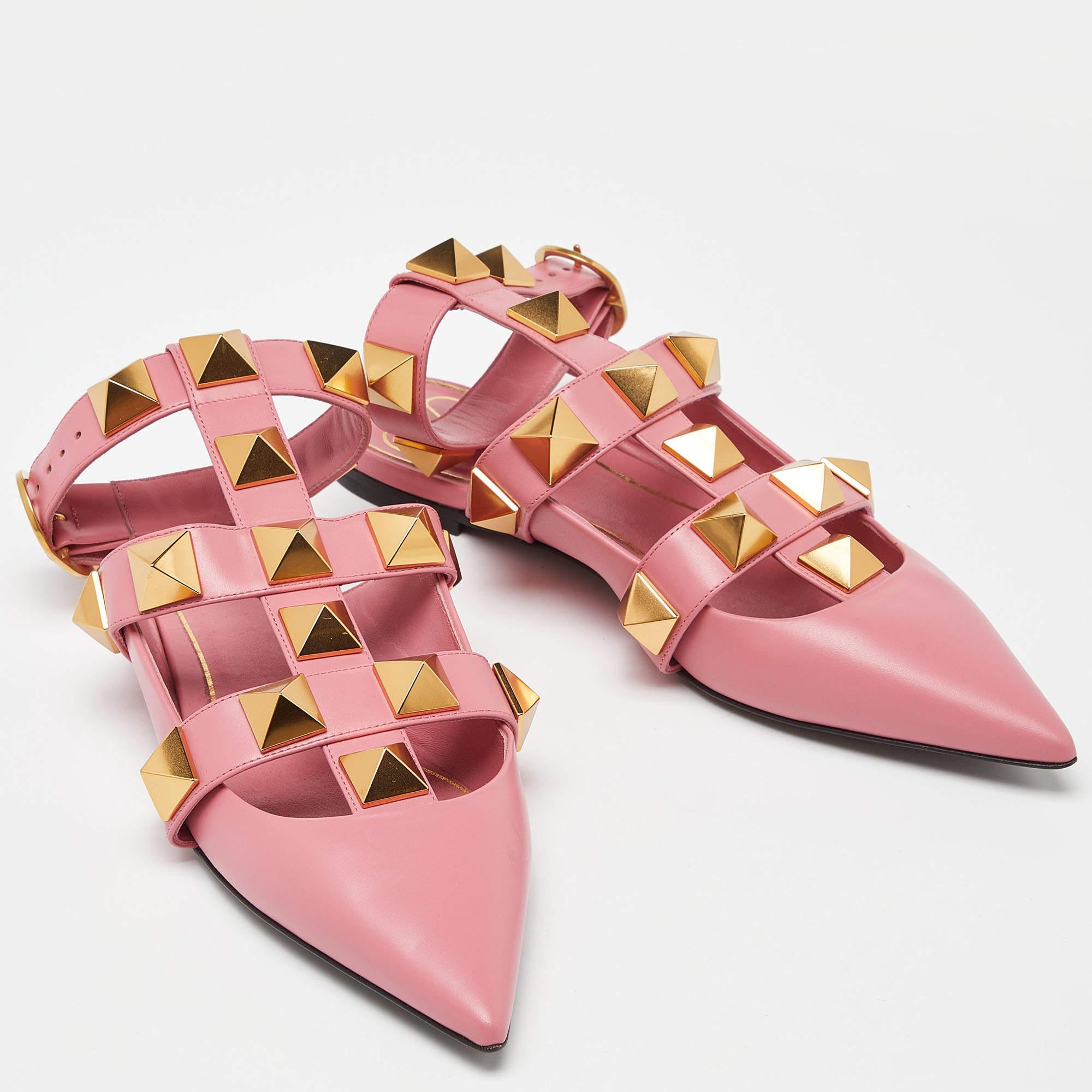 Women's Valentino Pink Leather Roman Stud Ankle Cuff Flat Sandals Size 37