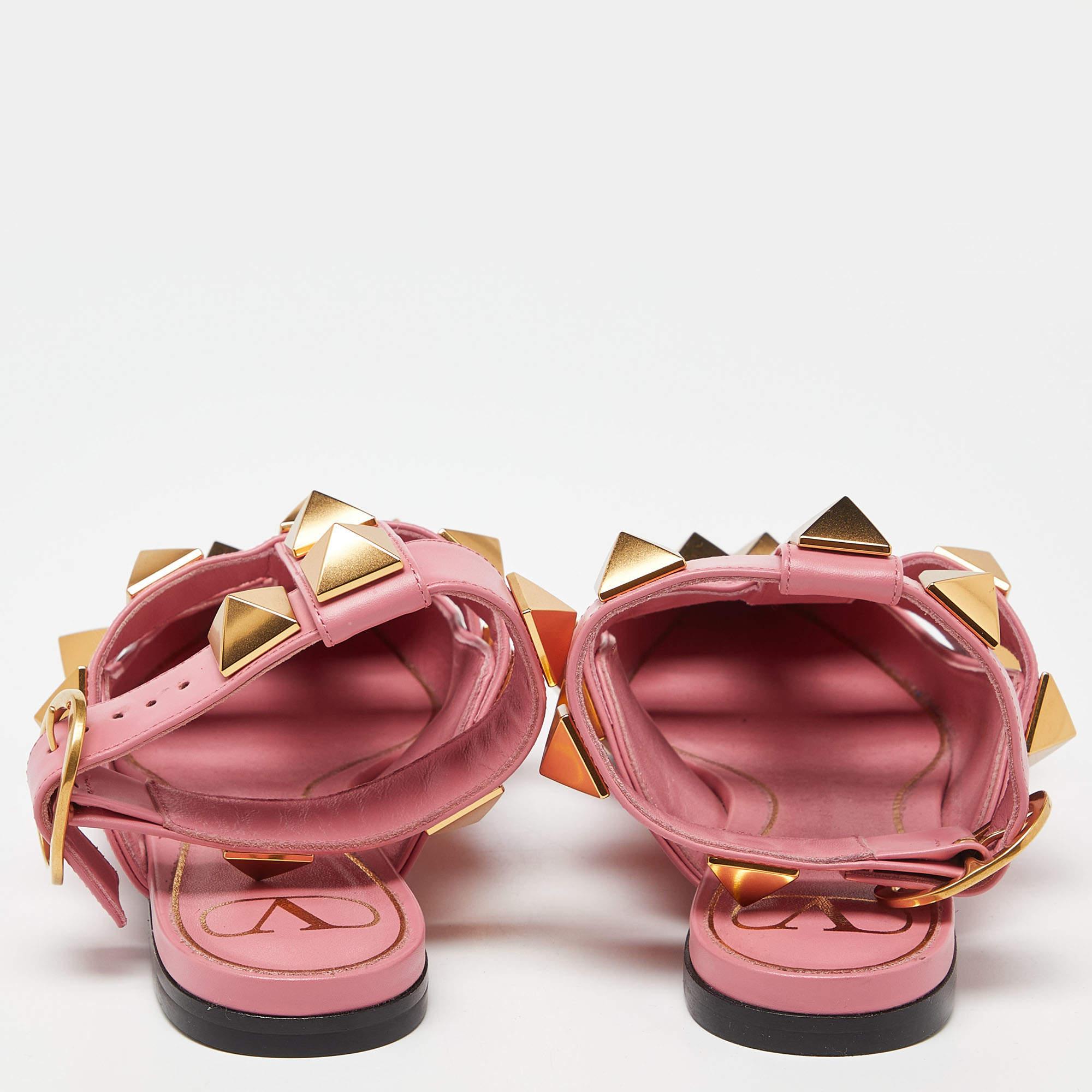 Valentino Pink Leather Roman Stud Ankle Cuff Flat Sandals Size 37 1