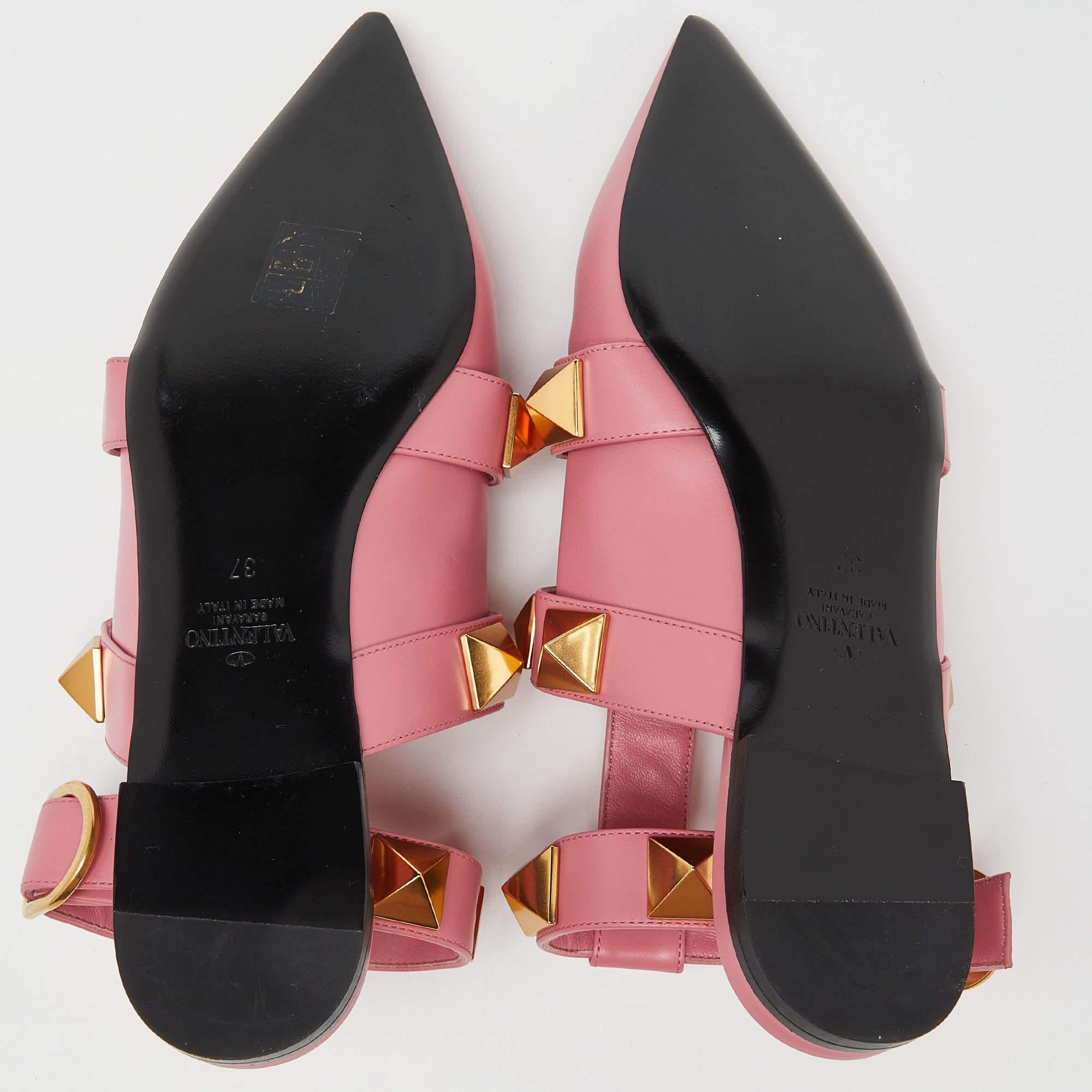 Valentino Pink Leather Roman Stud Ankle Cuff Flat Sandals Size 37 2