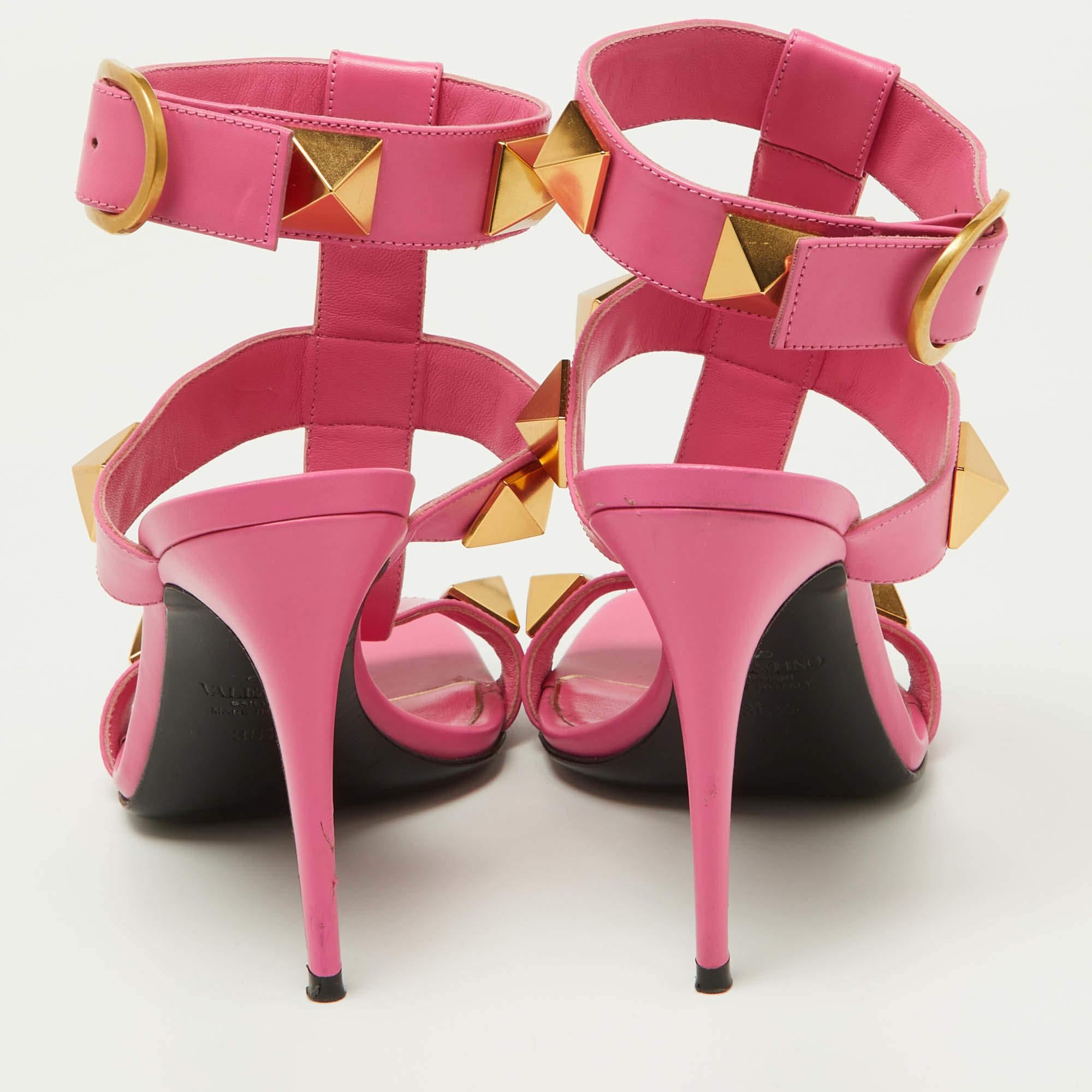 Valentino Pink Leather Roman Stud Ankle Strap Sandals Size 36.5 For Sale 2