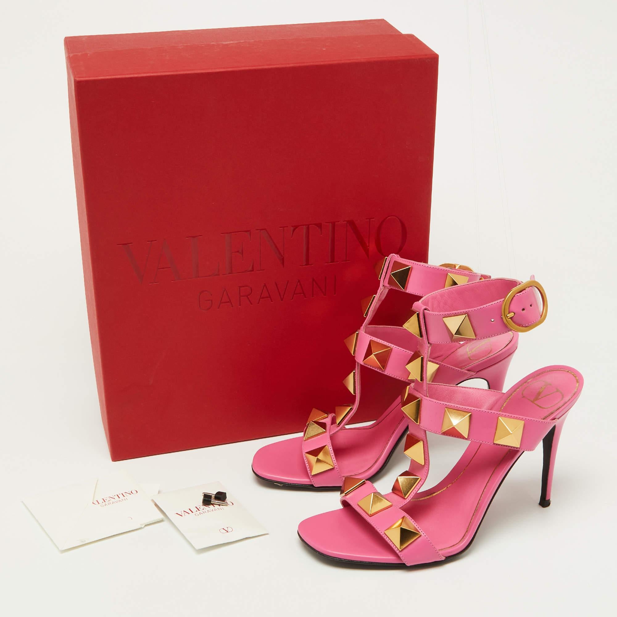 Valentino Pink Leather Roman Stud Ankle Strap Sandals Size 36.5 For Sale 5