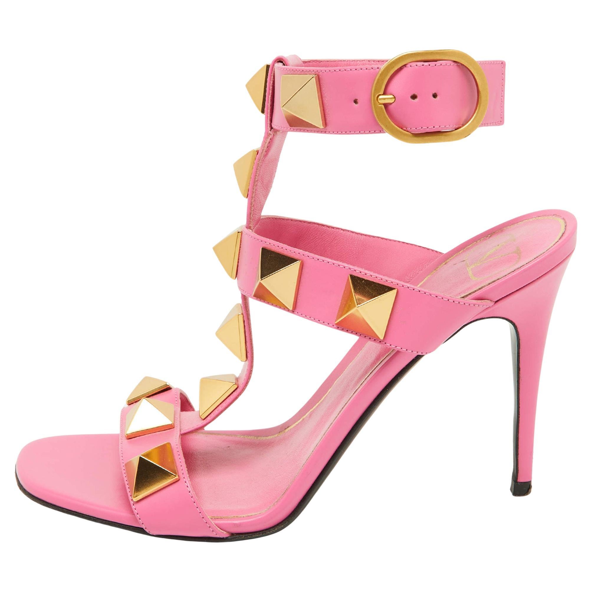 Valentino Pink Leather Roman Stud Ankle Strap Sandals Size 36.5 For Sale