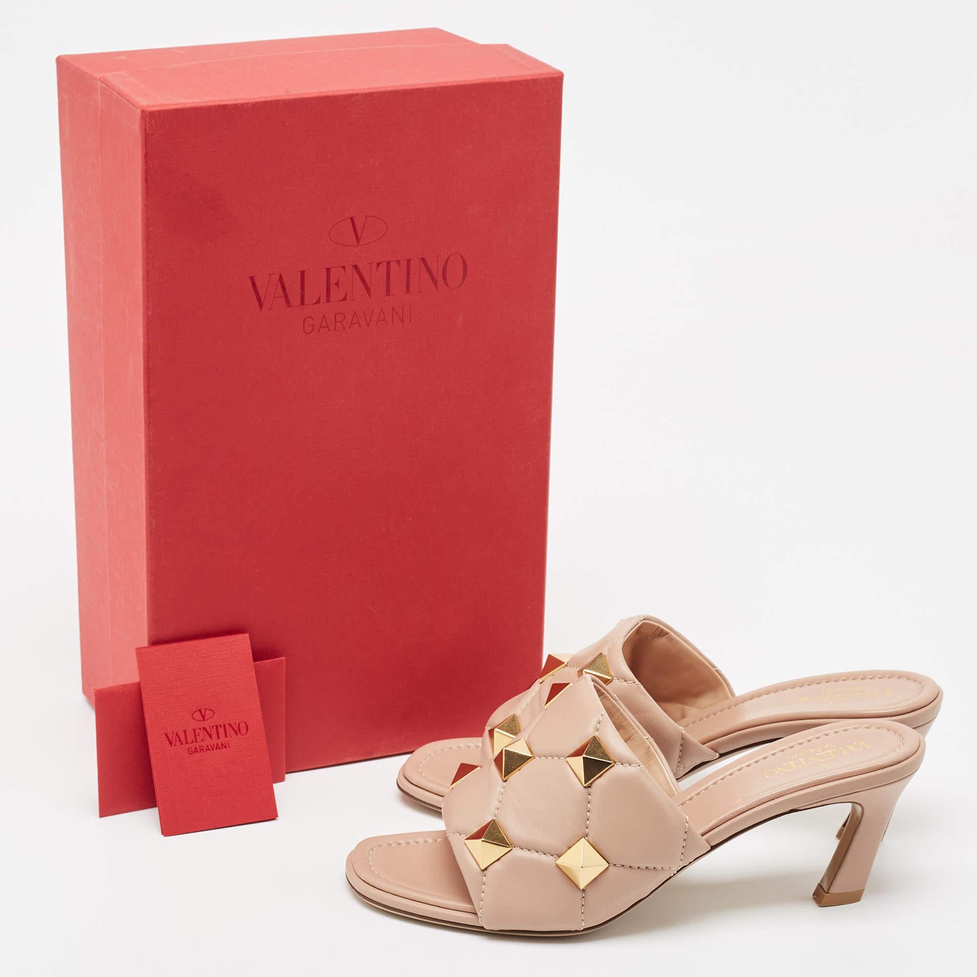 Women's Valentino Pink Leather Roman Stud Slides Size 37.5