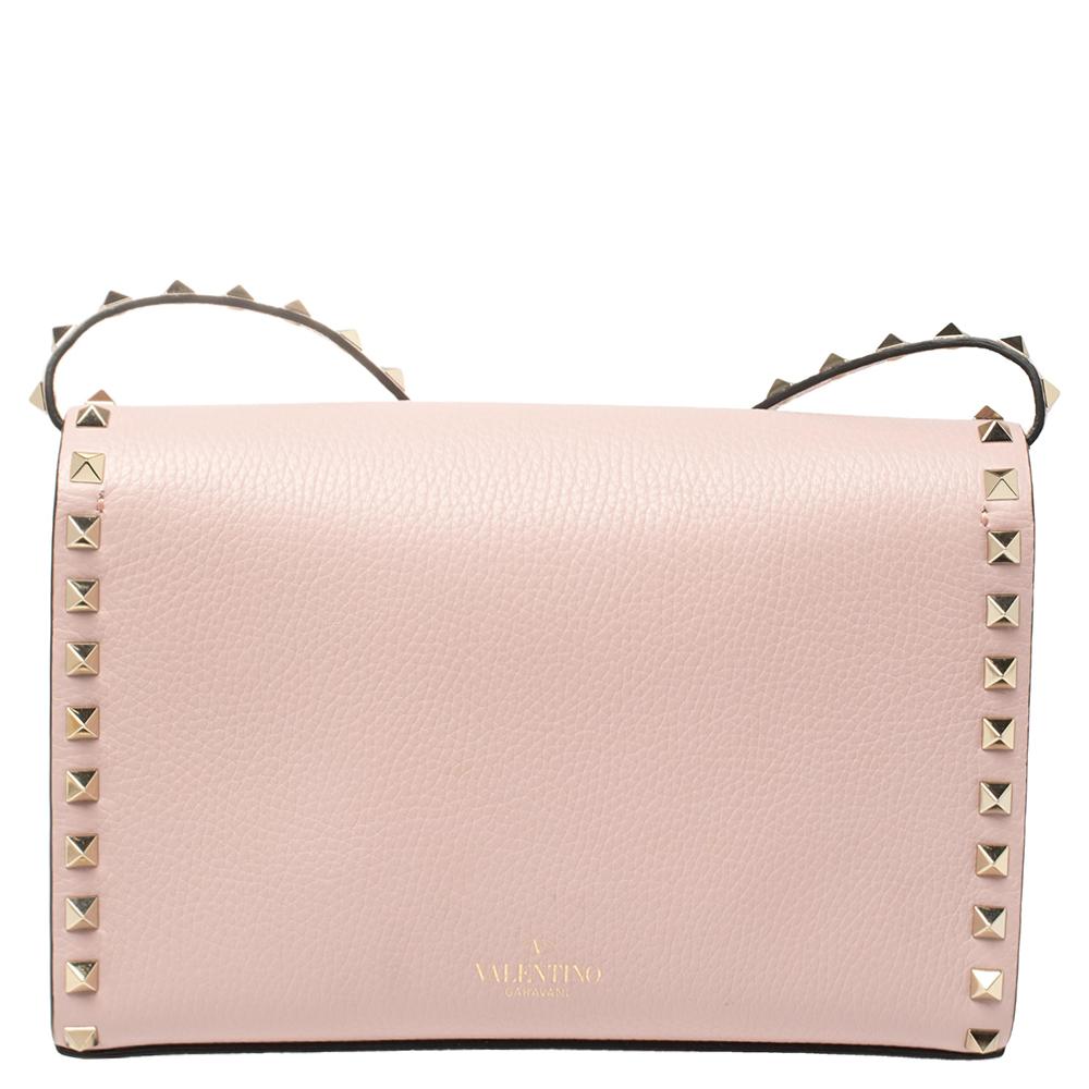 Beige Valentino Pink Leather Small Rockstud Crossbody Bag
