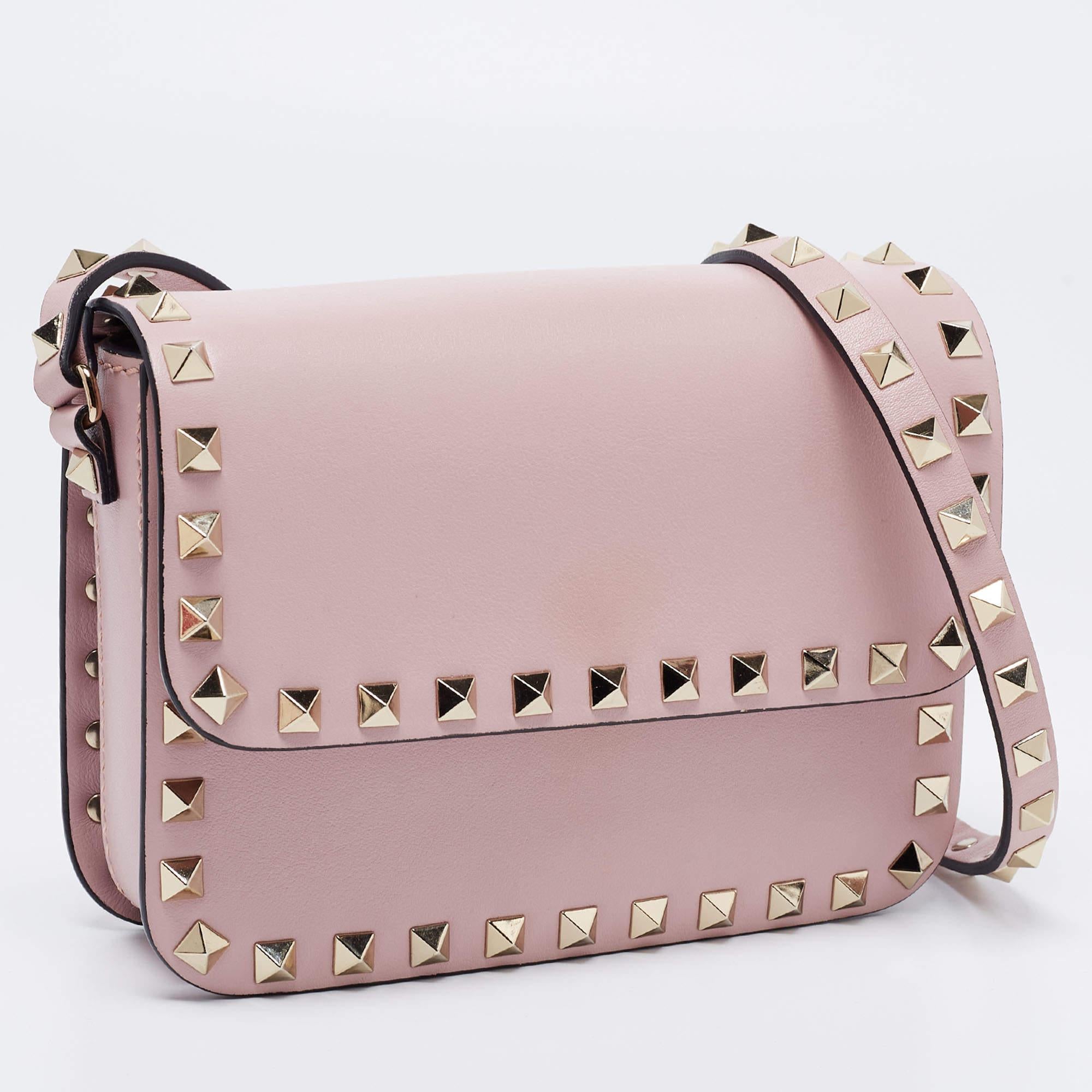 Women's Valentino Pink Leather Small Rockstud Flap Crossbody Bag