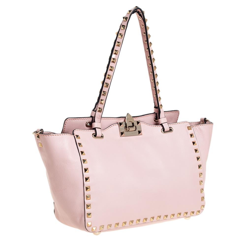 Beige Valentino Pink Leather Small Rockstud Trapeze Tote