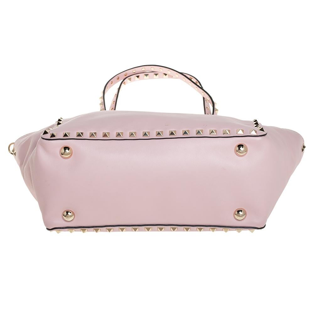Beige Valentino Pink Leather Small Rockstud Trapeze Tote