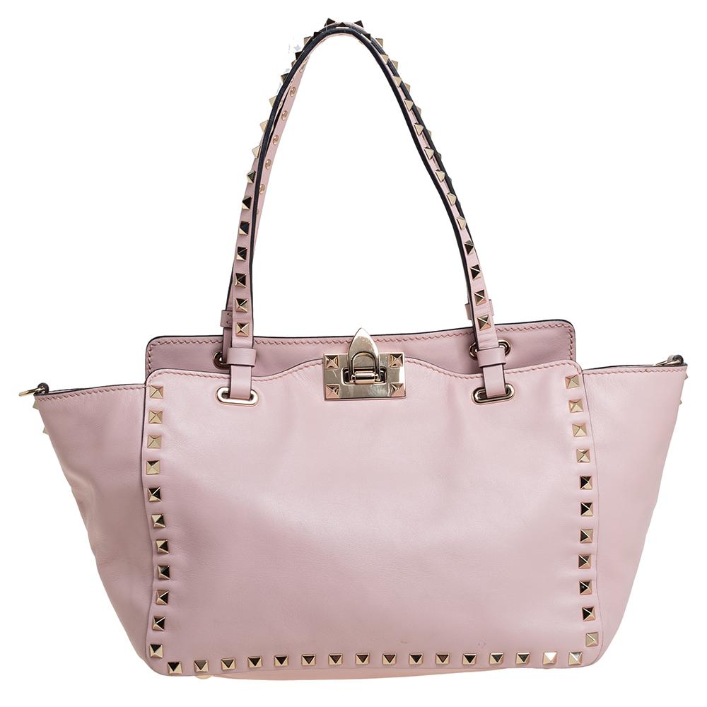 Valentino Pink Leather Small Rockstud Trapeze Tote