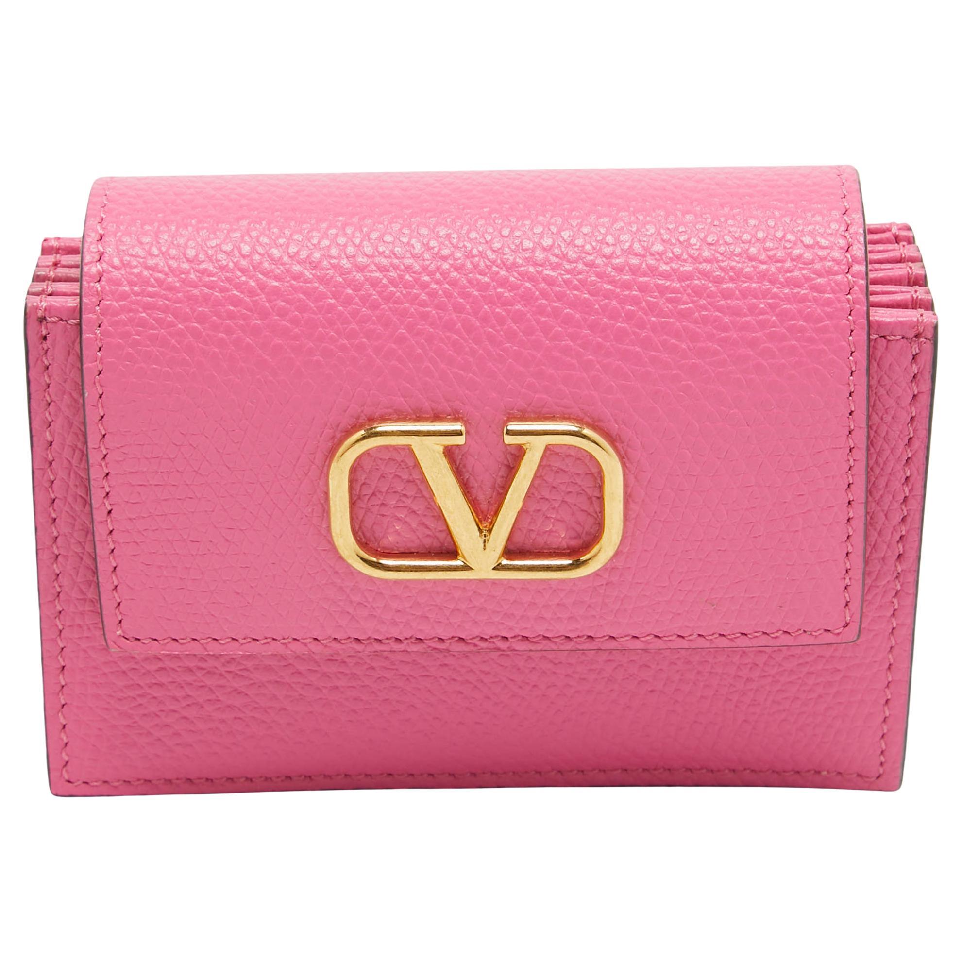 Valentino Pink Leather VLogo Accordion Card Holder For Sale