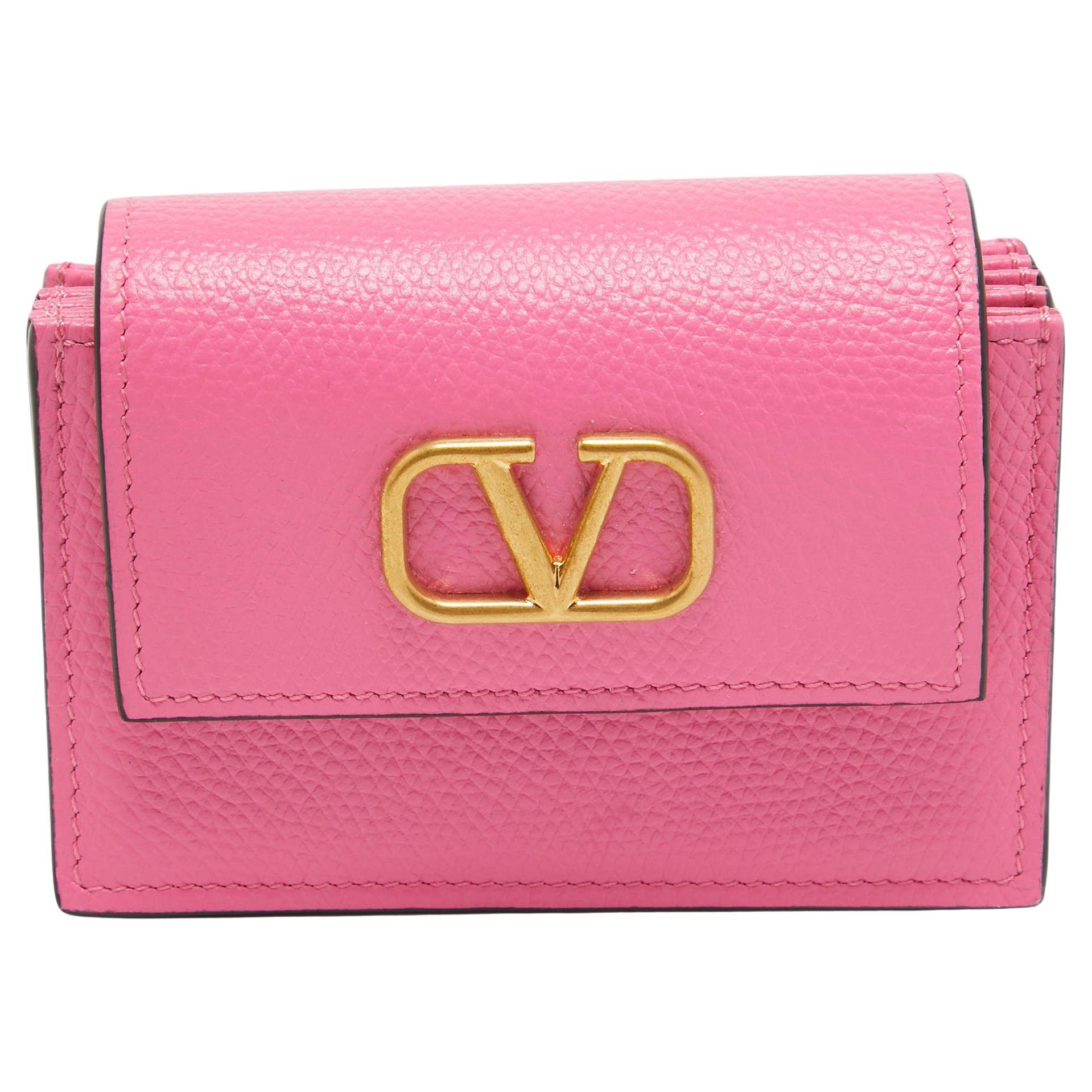 Valentino Pink Leather VLogo Accordion Card Holder For Sale