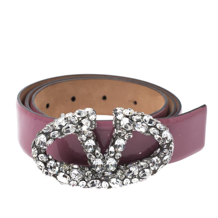 Valentino Pink Patent Leather Crystal Embellished Logo Platino Belt