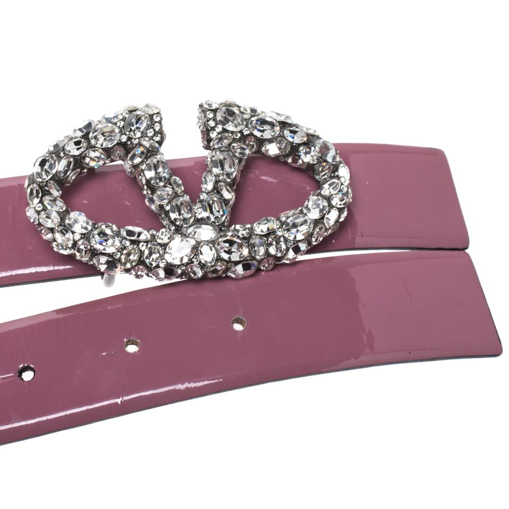 Brown Valentino Pink Patent Leather Crystal Embellished Logo Platino Belt 80CM