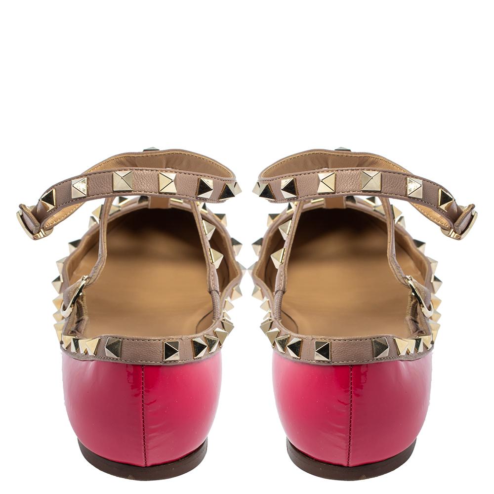 Valentino Pink Patent Leather Rockstud Ankle Strap Flats Size 41 In Good Condition In Dubai, Al Qouz 2