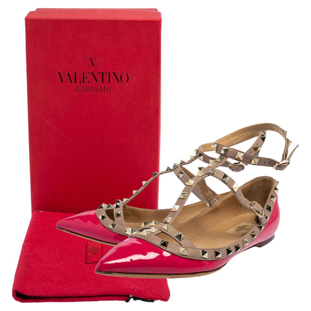 Women's Valentino Pink Patent Leather Rockstud Ankle Strap Flats Size 41