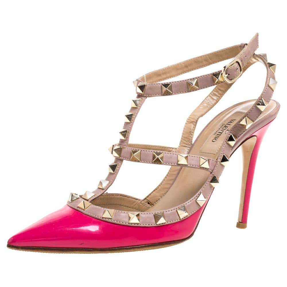 Valentino Pink Patent Leather Rockstud Ankle Strap Sandals Size 37.5 at ...