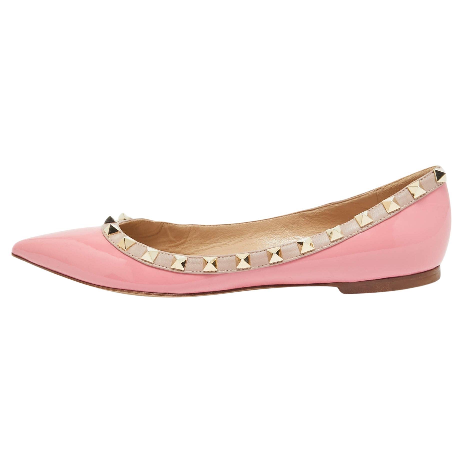 Valentino Pink Patent Leather Rockstud Ballet Flats Size 36 For Sale