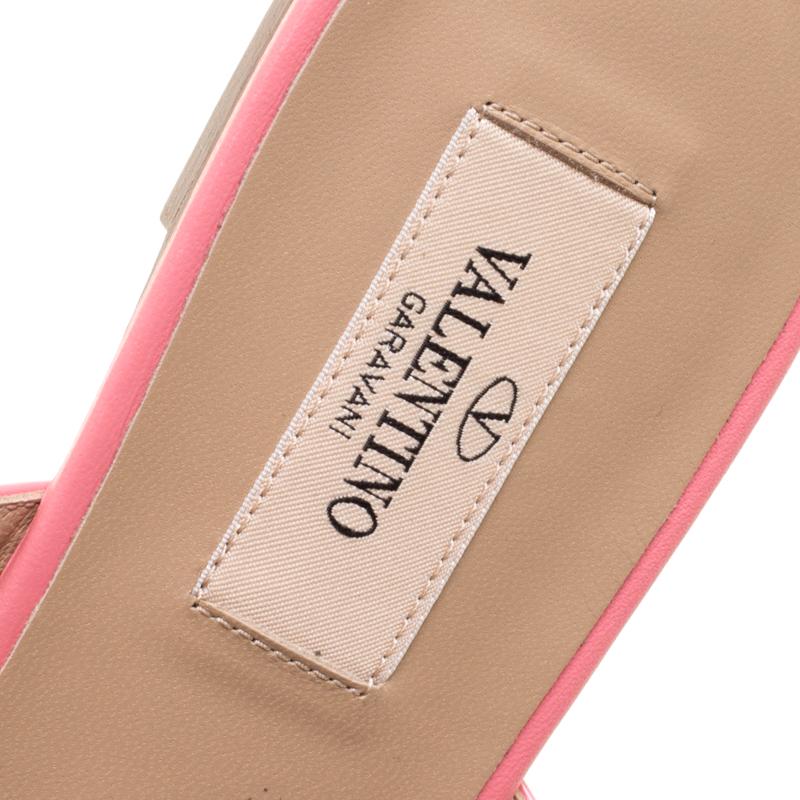Women's Valentino Pink Patent Leather Rockstud Cage Flat Slides Size 38