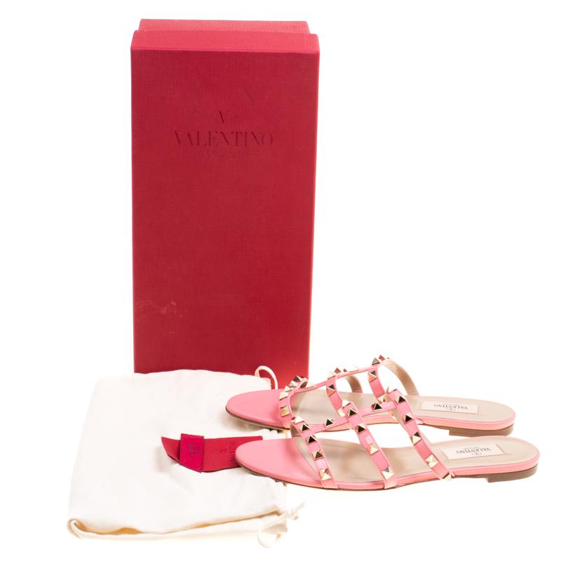 Valentino Pink Patent Leather Rockstud Cage Flat Slides Size 38 3