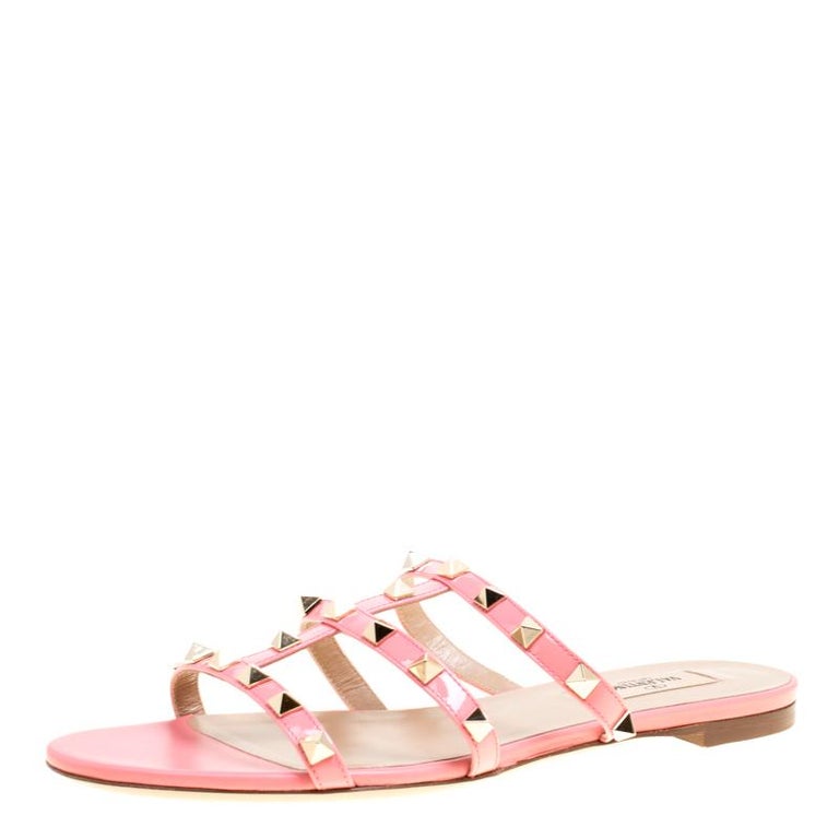 Valentino Pink Patent Leather Rockstud Cage Flat Slides Size 38 For ...