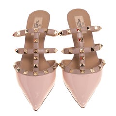 Valentino Pink Patent Leather Rockstud Pointed Toe Mule Sandals Size 36.5