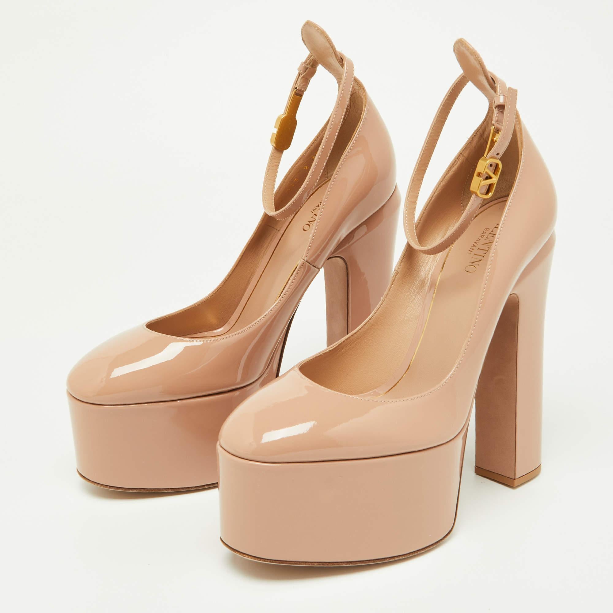 Women's Valentino Pink Patent Leather Tan-Go Platform Ankle Strap Pumps Size 38 For Sale