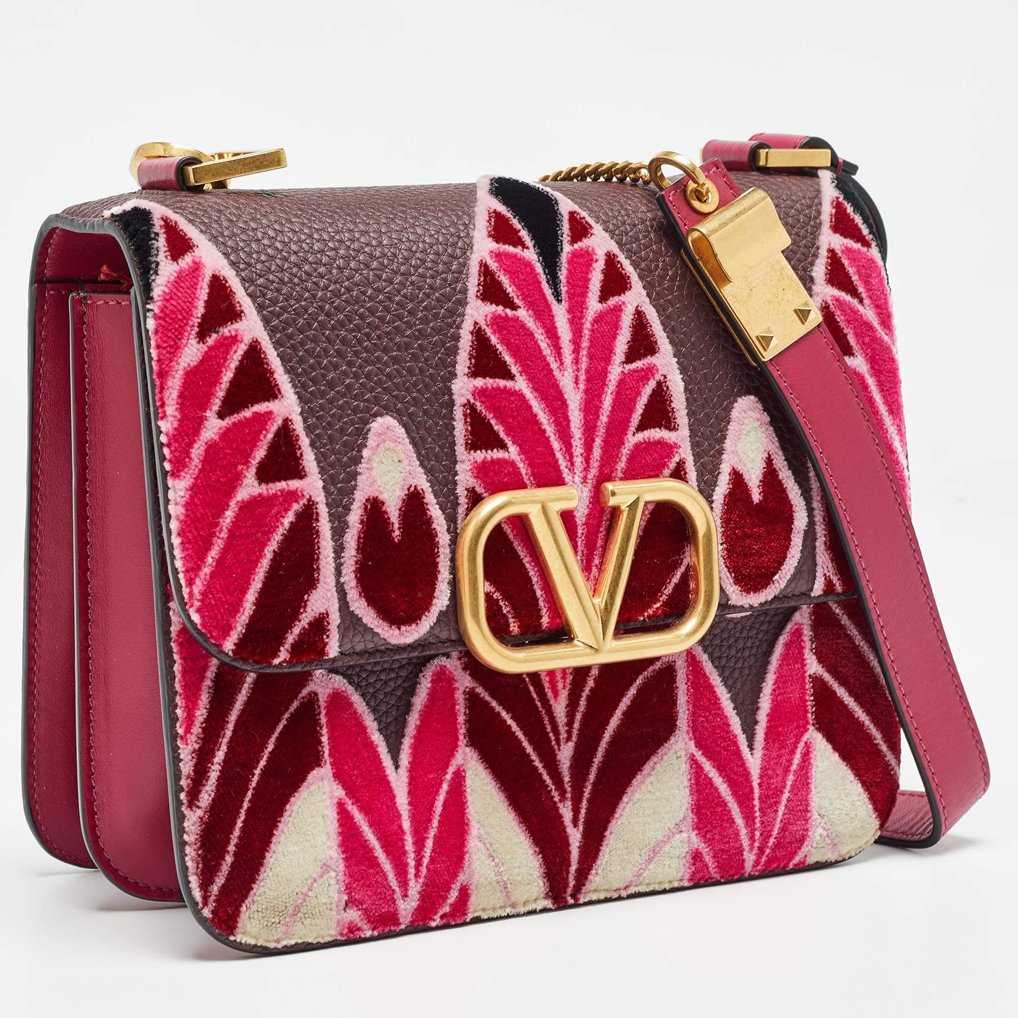 Brown Valentino Pink/Plum Leather and velvet Embroidered VSling Shoulder Bag