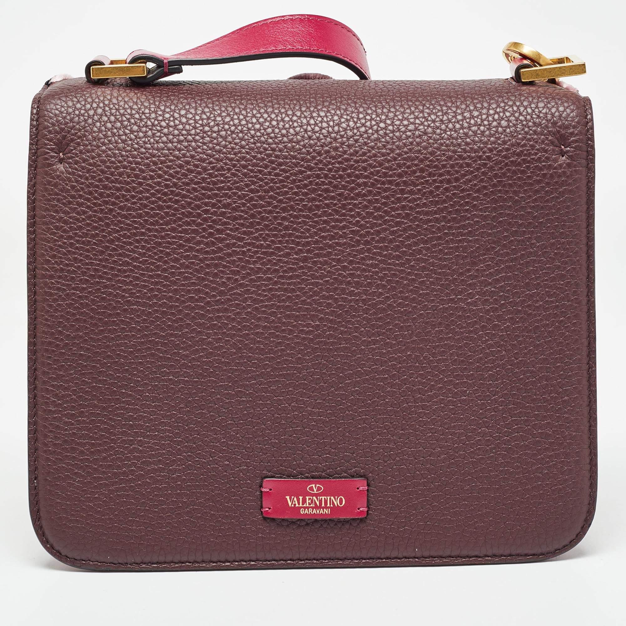 Valentino Pink/Plum Leather and velvet Embroidered VSling Shoulder Bag In Excellent Condition In Dubai, Al Qouz 2