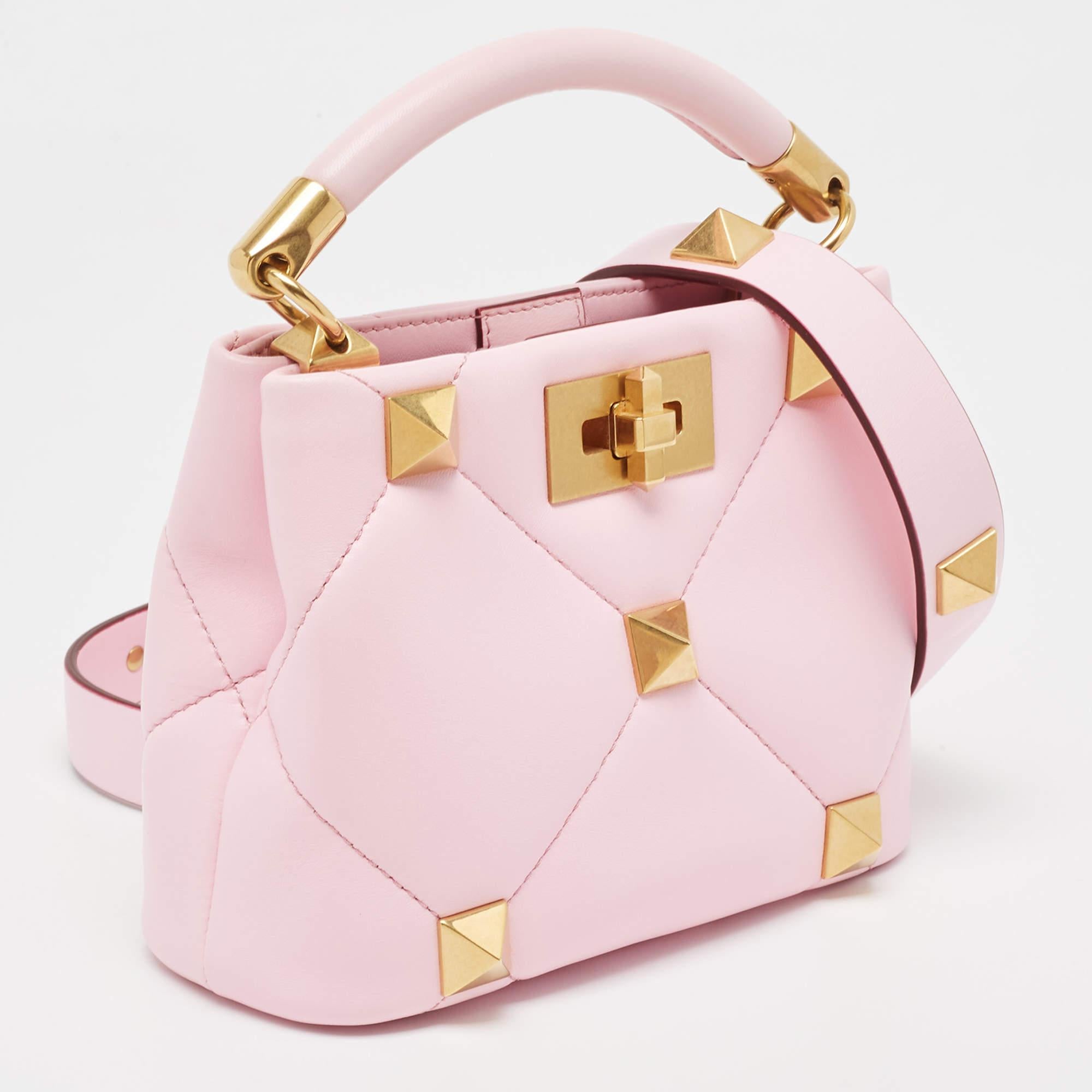 Women's Valentino Pink Quilted Leather Mini Roman Stud Top Handle Bag