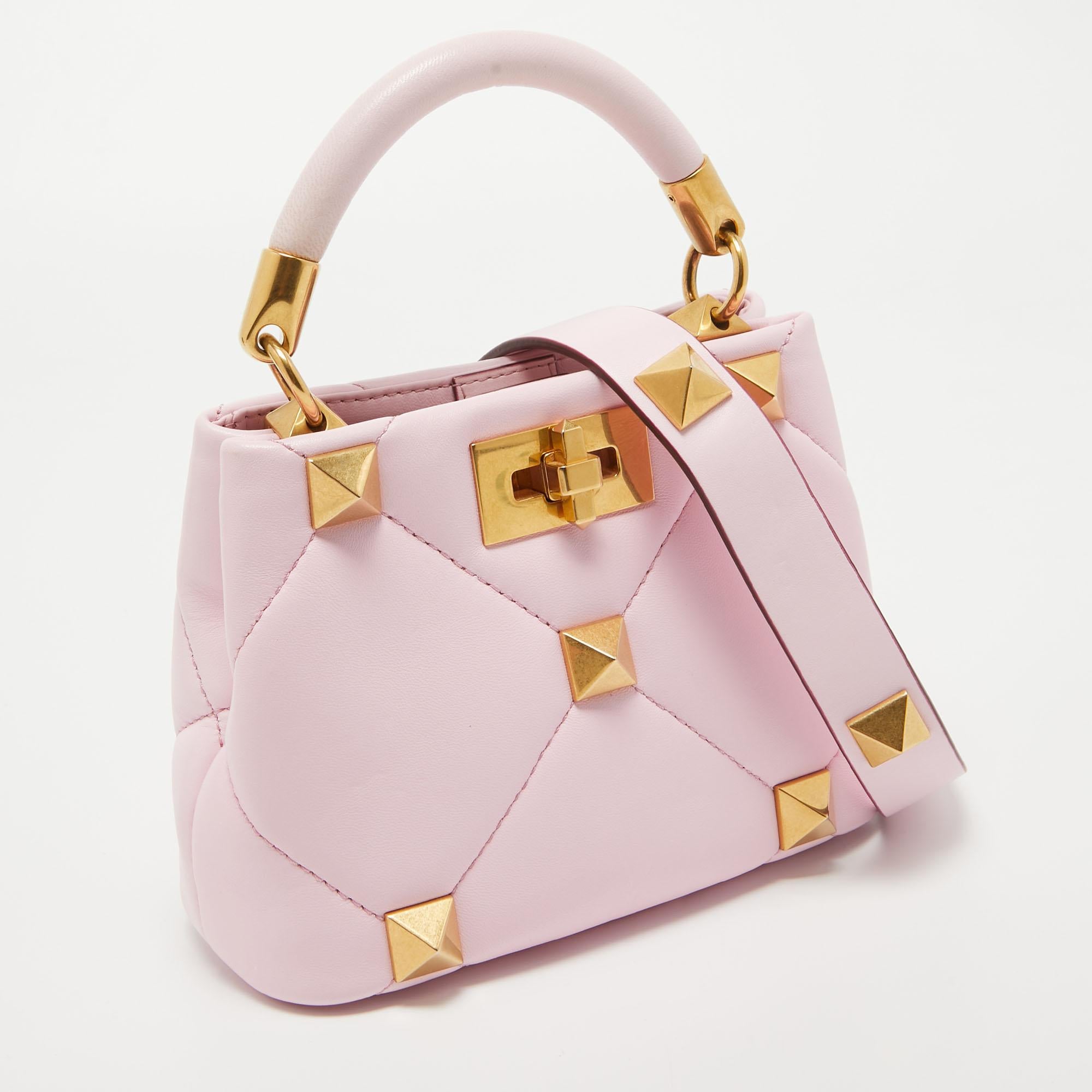Valentino Pink Quilted Leather Mini Roman Stud Top Handle Bag In Excellent Condition In Dubai, Al Qouz 2