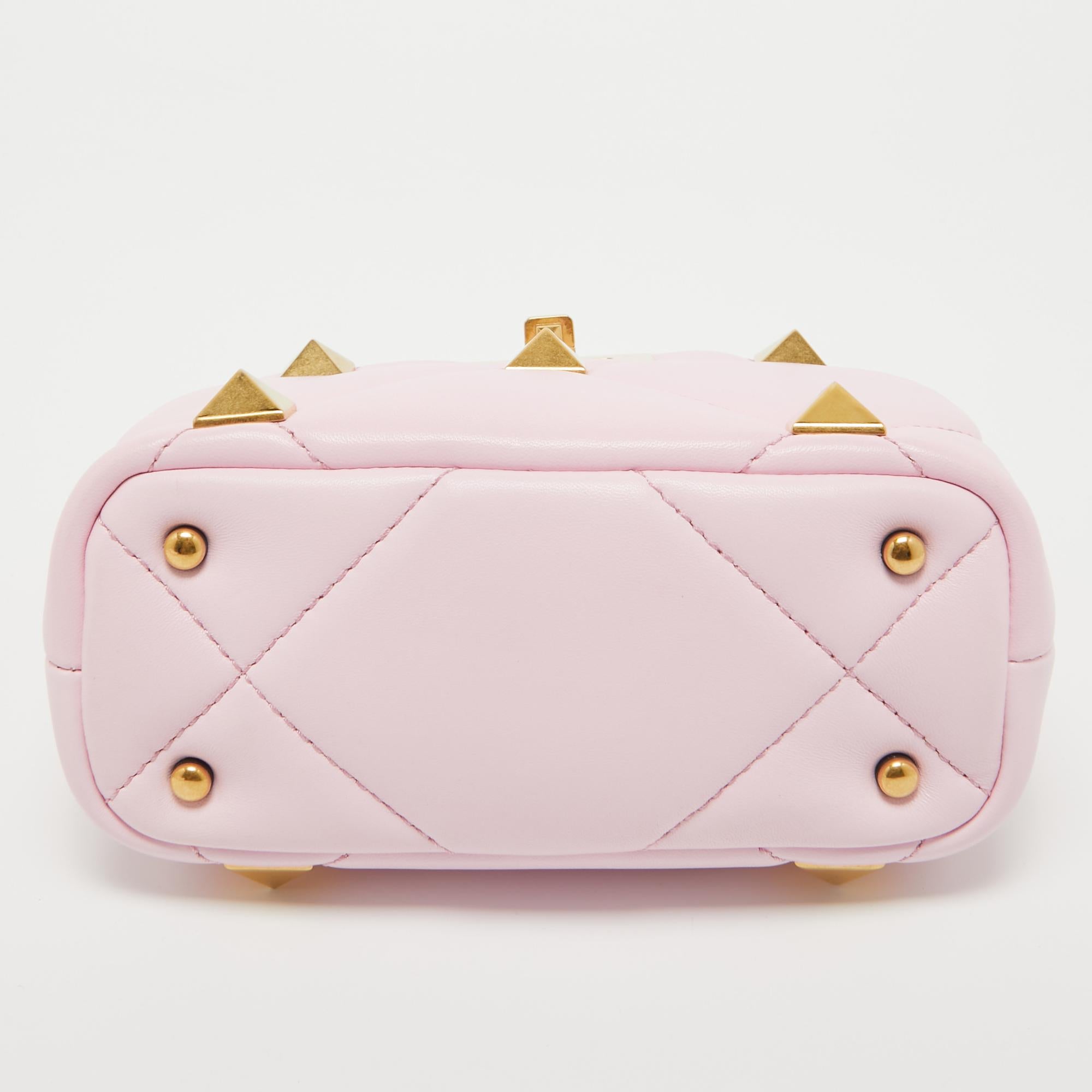 Women's Valentino Pink Quilted Leather Mini Roman Stud Top Handle Bag