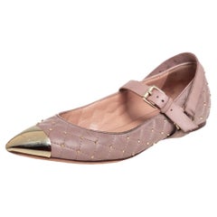 Valentino Pink Quilted Leather Rockstud Metal Cap Toe Ballerina Flats Size 37.5