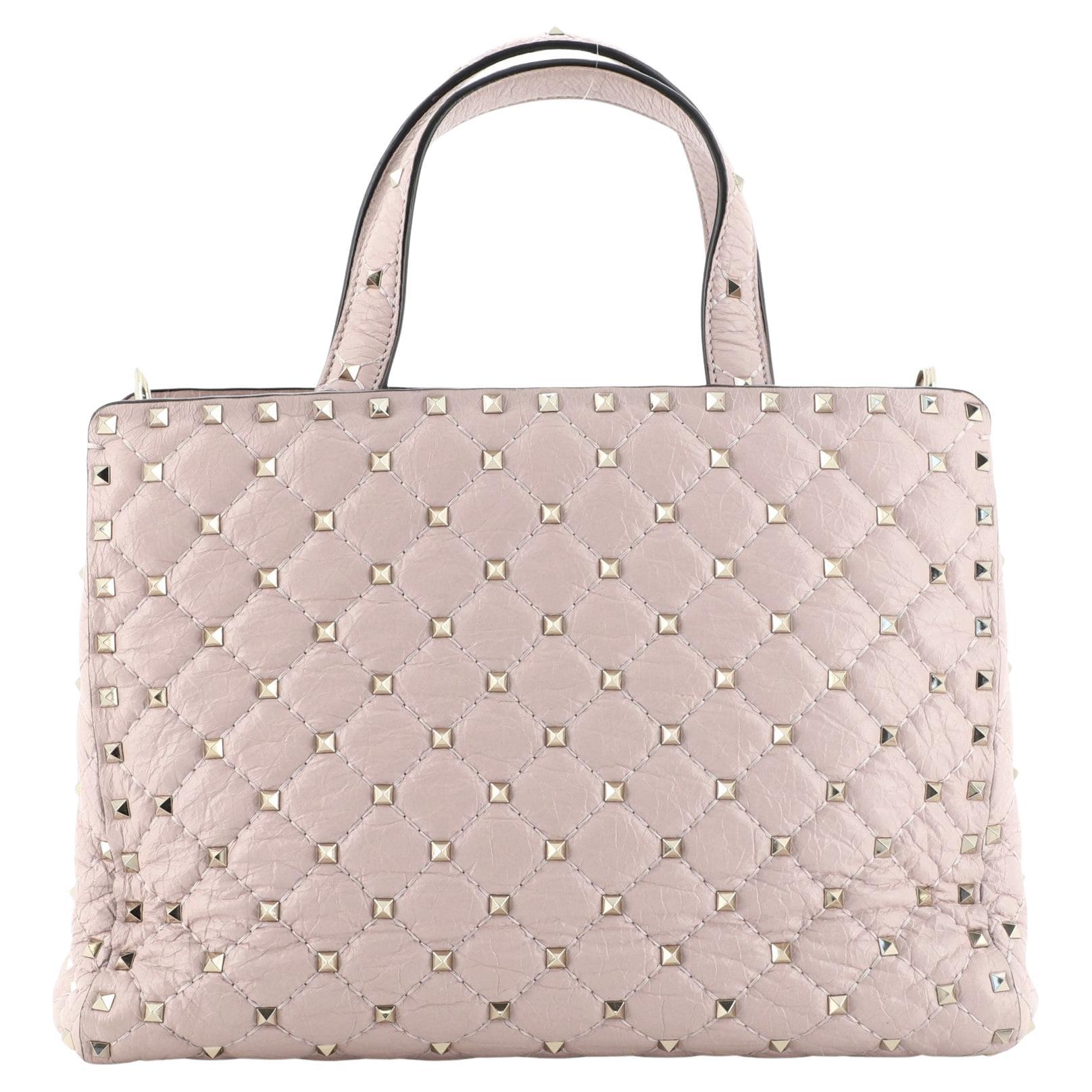 Valentino Pink Quilted Leather Rockstud Spike Top Handle Small Tote Bag For Sale