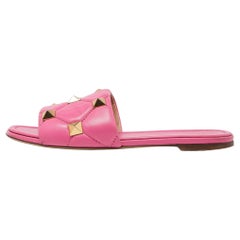 Valentino Pink Quilted Leather Roman Stud Flat Slides Size 41