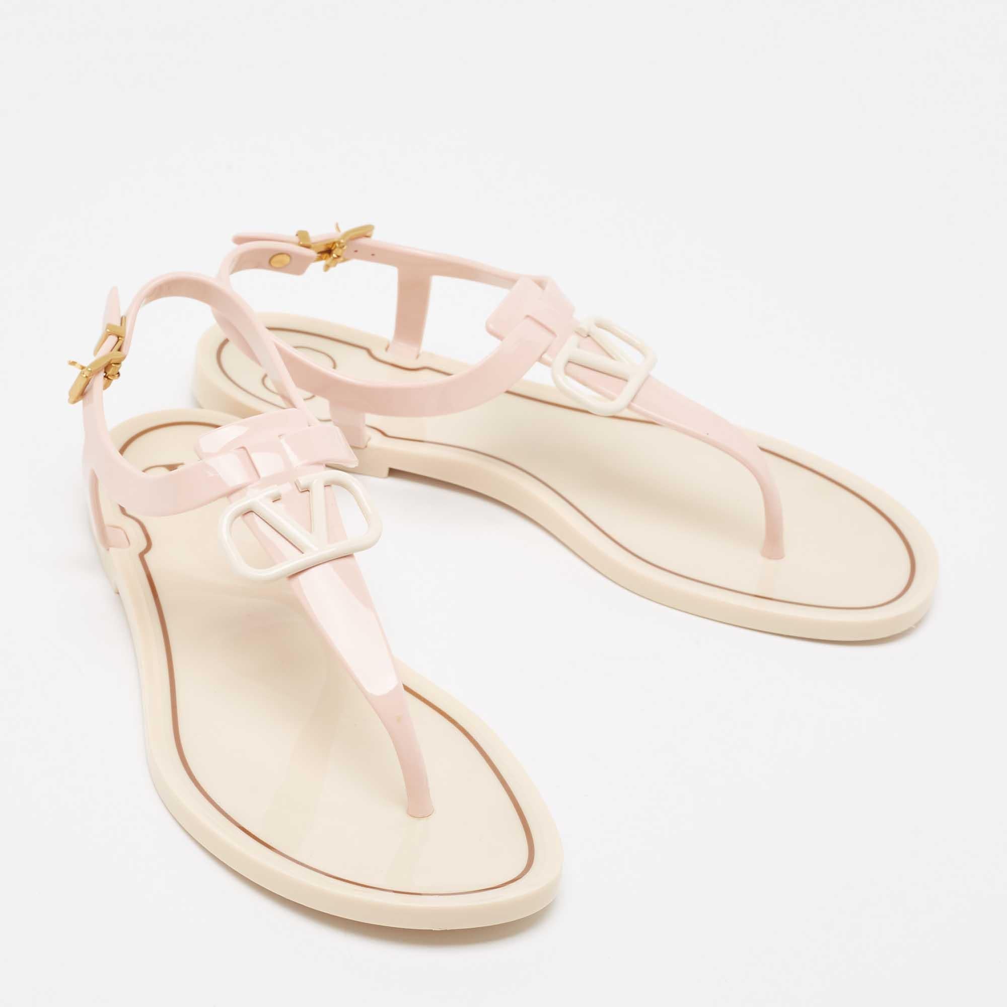 White Valentino Pink Rubber Escape V logo Slingback Flat Sandals Size 38