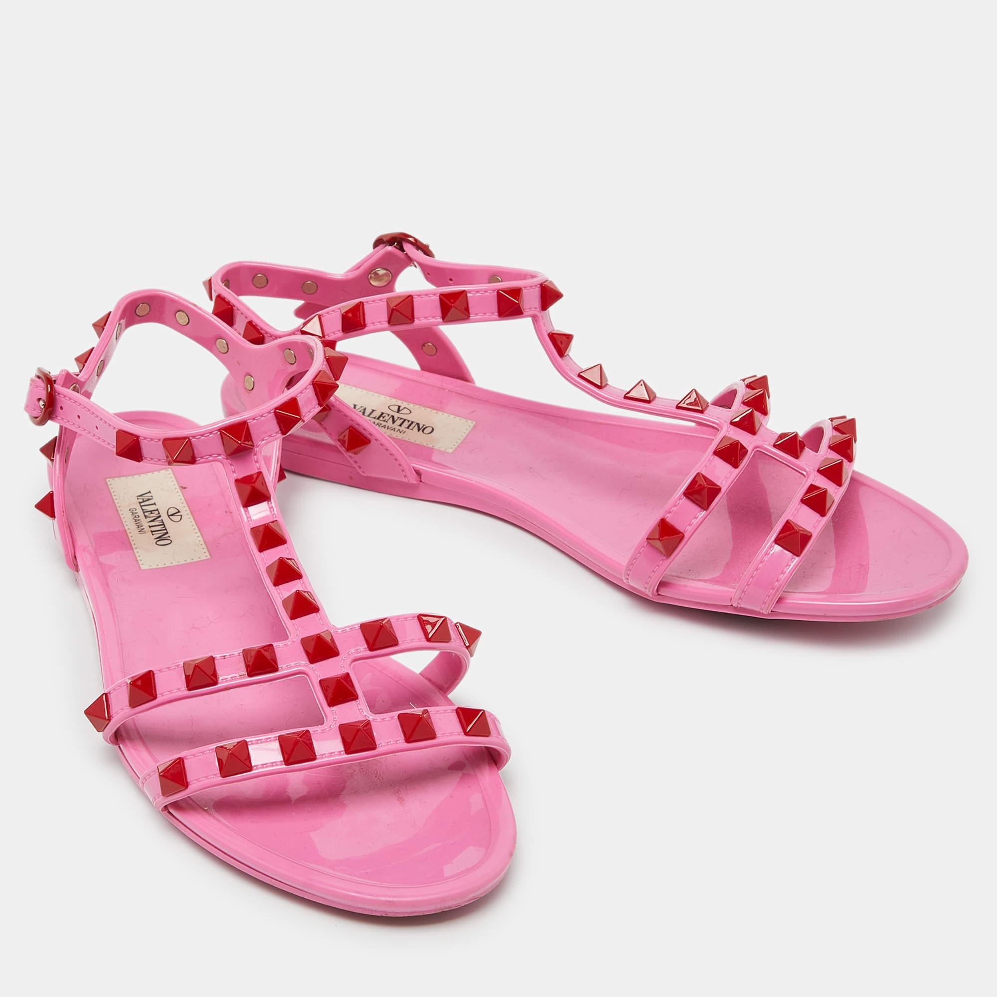 Women's Valentino Pink Rubber Rockstud Ankle-Strap Flats Size 35