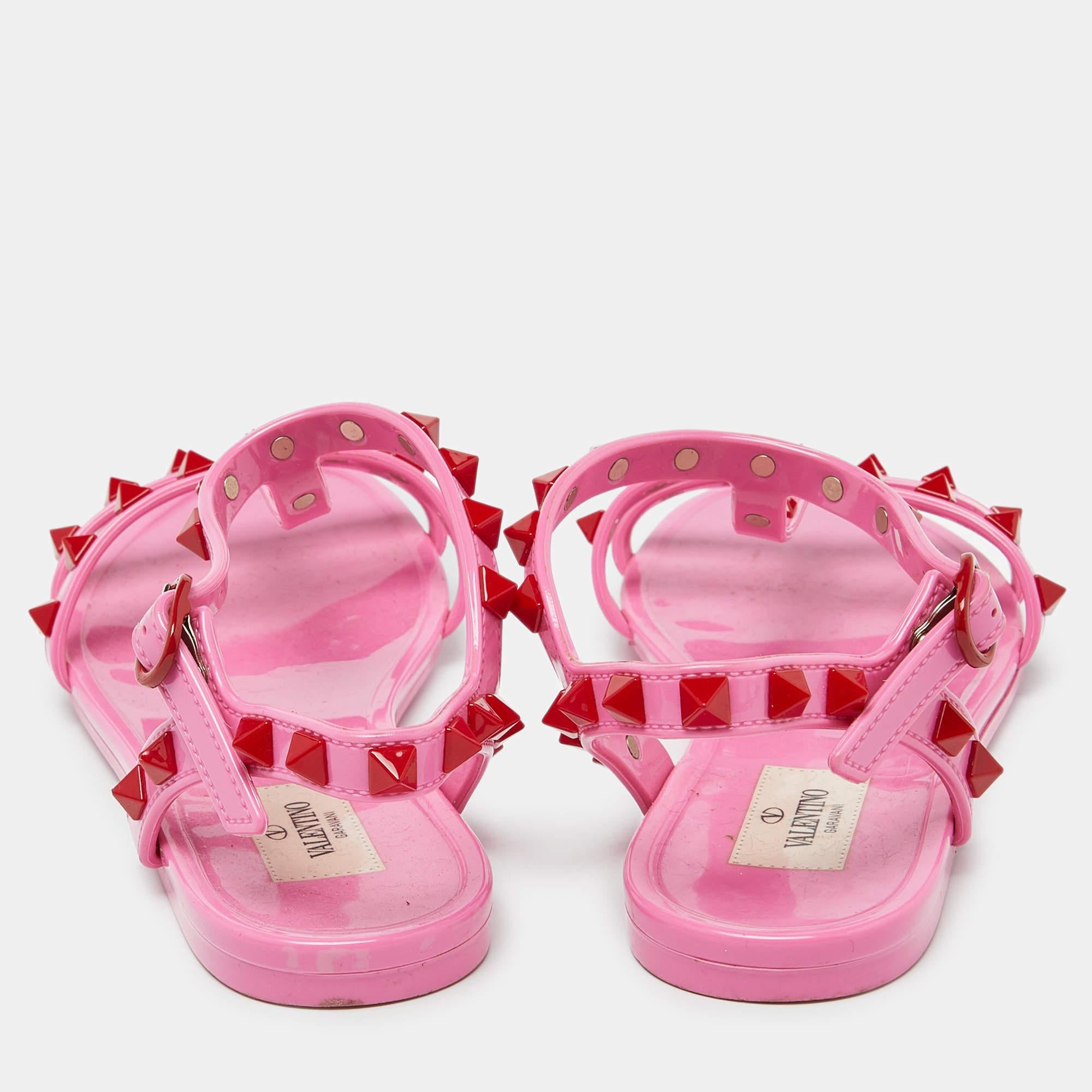 Valentino Pink Rubber Rockstud Ankle-Strap Flats Size 35 1