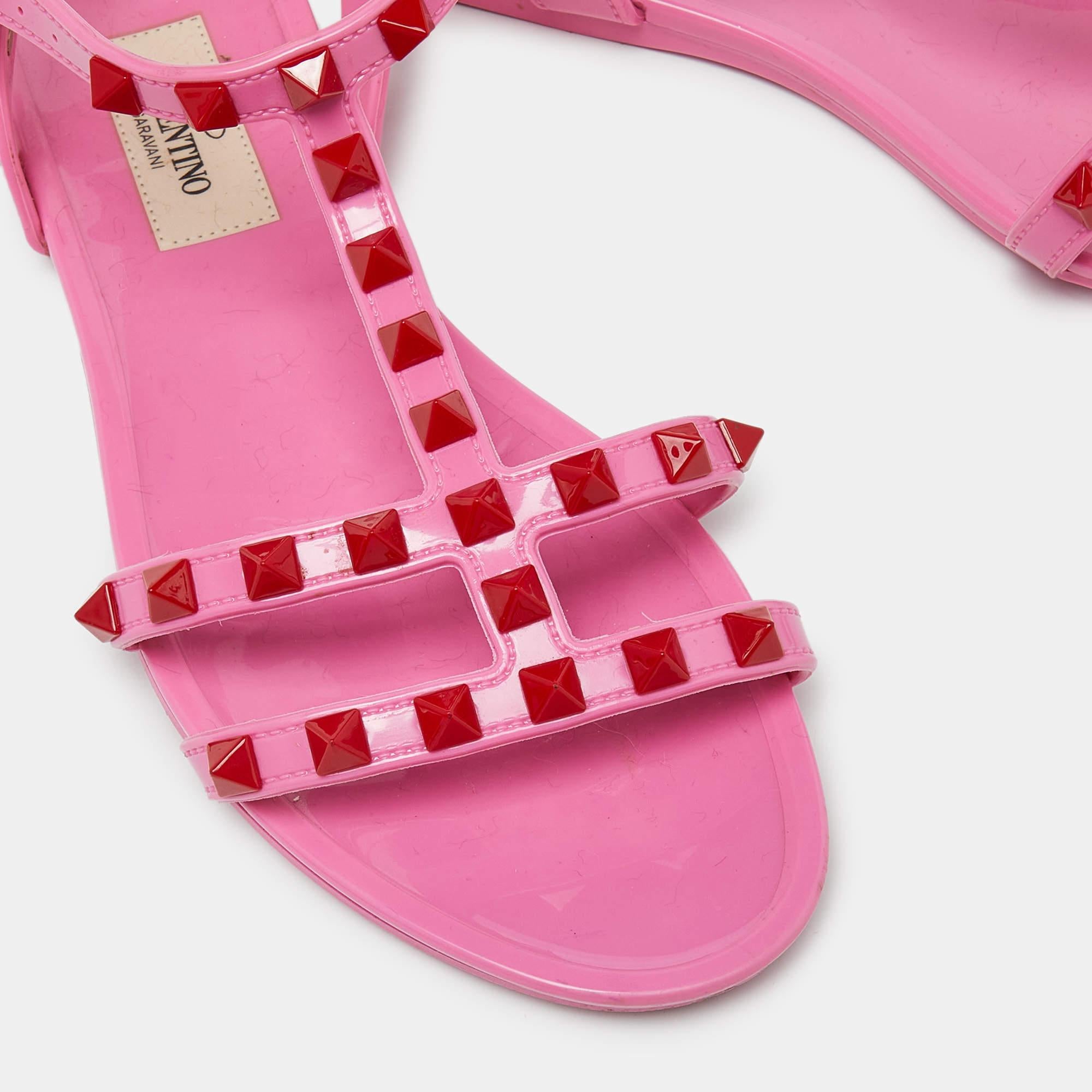 Valentino Pink Rubber Rockstud Ankle-Strap Flats Size 35 4