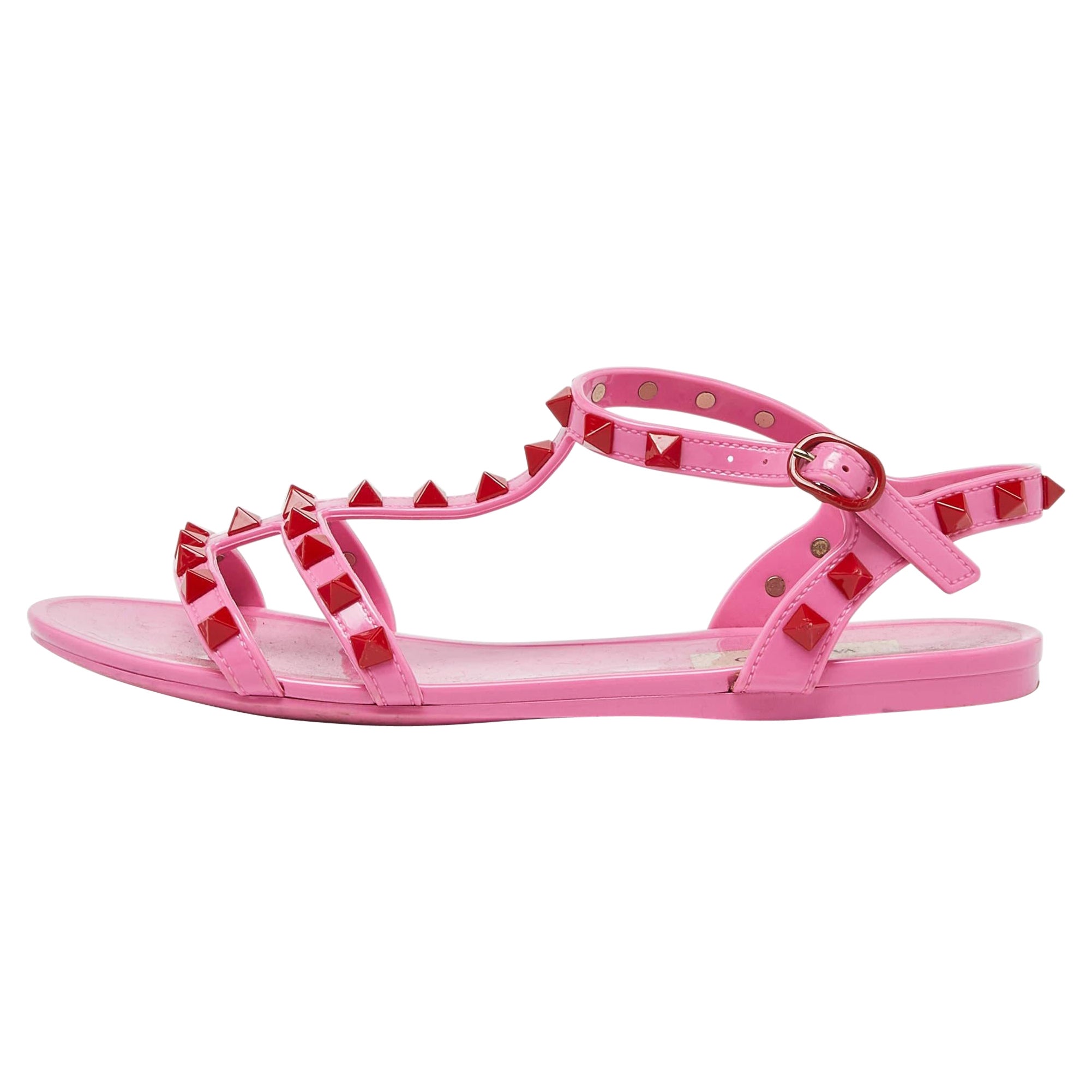 Valentino Pink Rubber Rockstud Ankle-Strap Flats Size 35