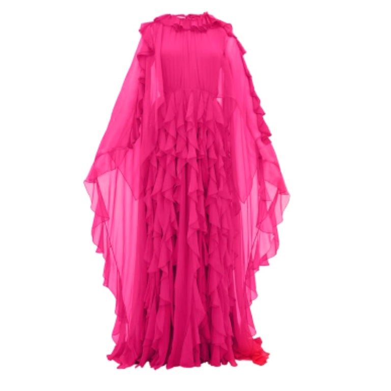 valentino pink cape dress 1974 Valentino Haute Couture Pink Beaded Crystal Silk Winged Cape Gown