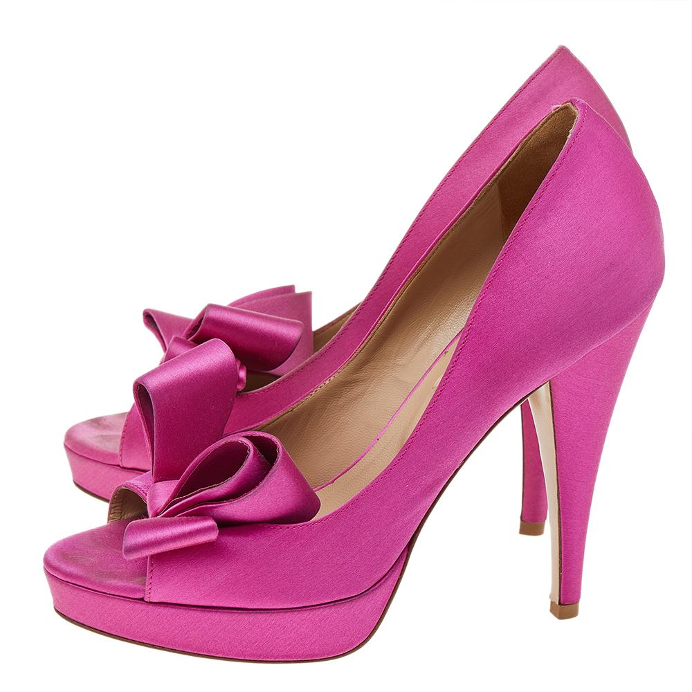 Women's Valentino Pink Satin Bow Platform Pumps Size 36