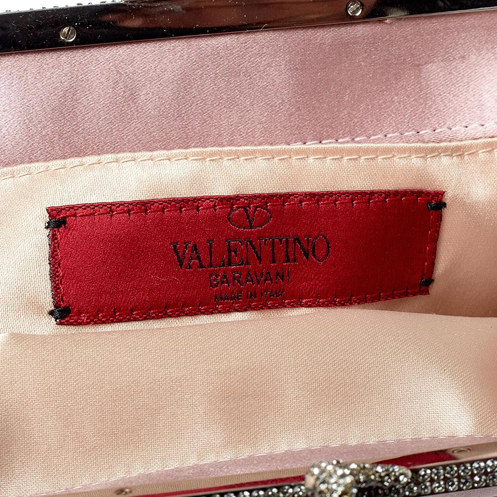 Beige Valentino Pink Satin Crystal Embellished Frame Clutch