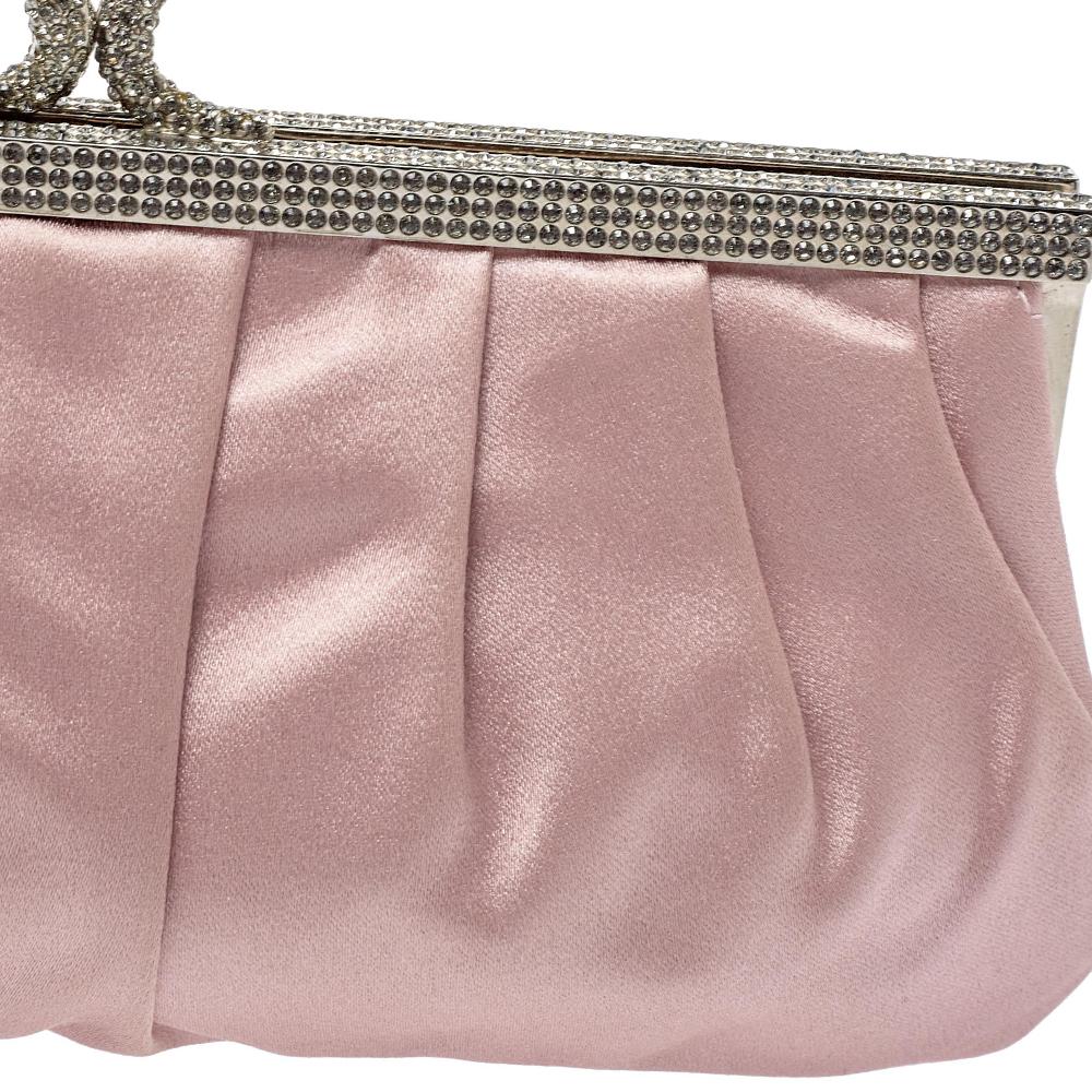 Valentino Pink Satin Crystal Embellished Frame Clutch 1